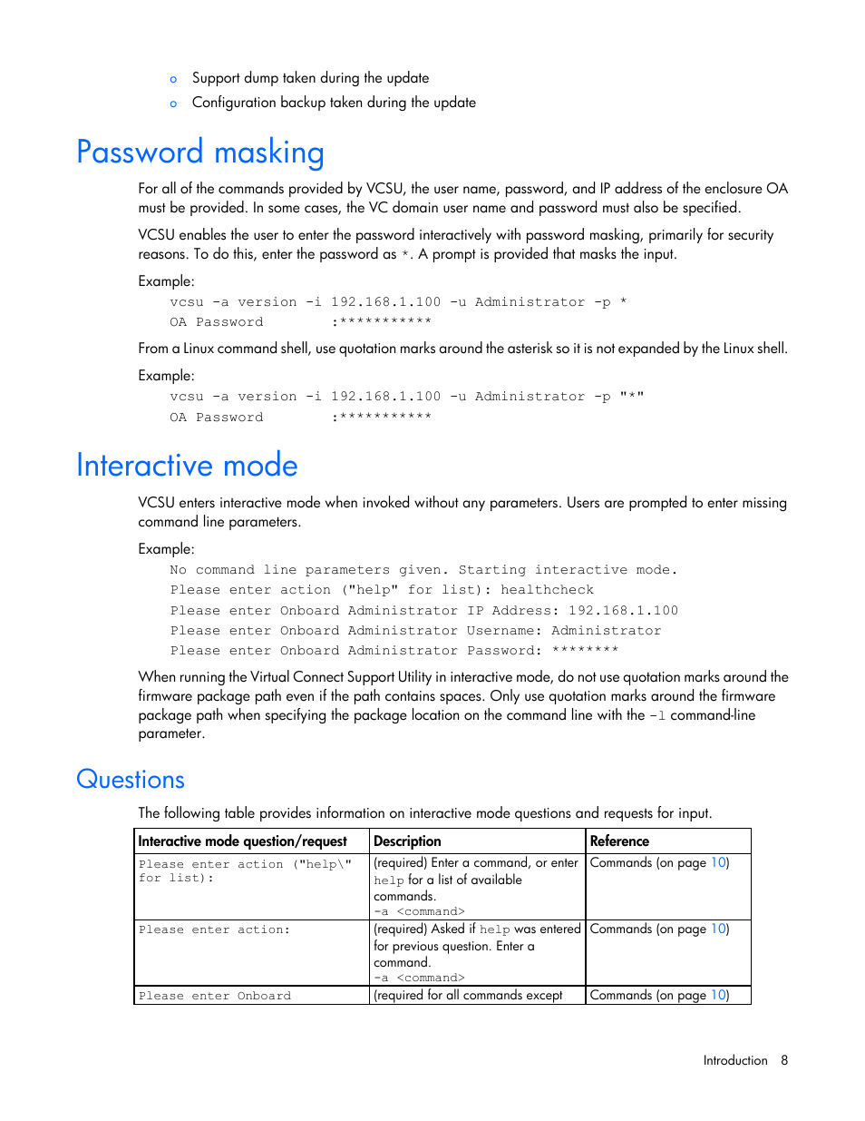 Password masking, Interactive mode, Questions | HP Virtual Connect 8Gb 24-port Fibre Channel Module for c-Class BladeSystem User Manual | Page 8 / 32