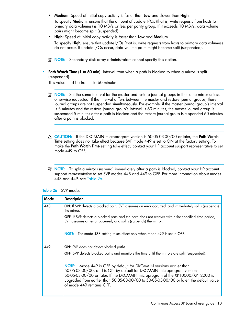 Table 26 svp modes, 26 svp modes | HP StorageWorks XP Remote Web Console Software User Manual | Page 101 / 154