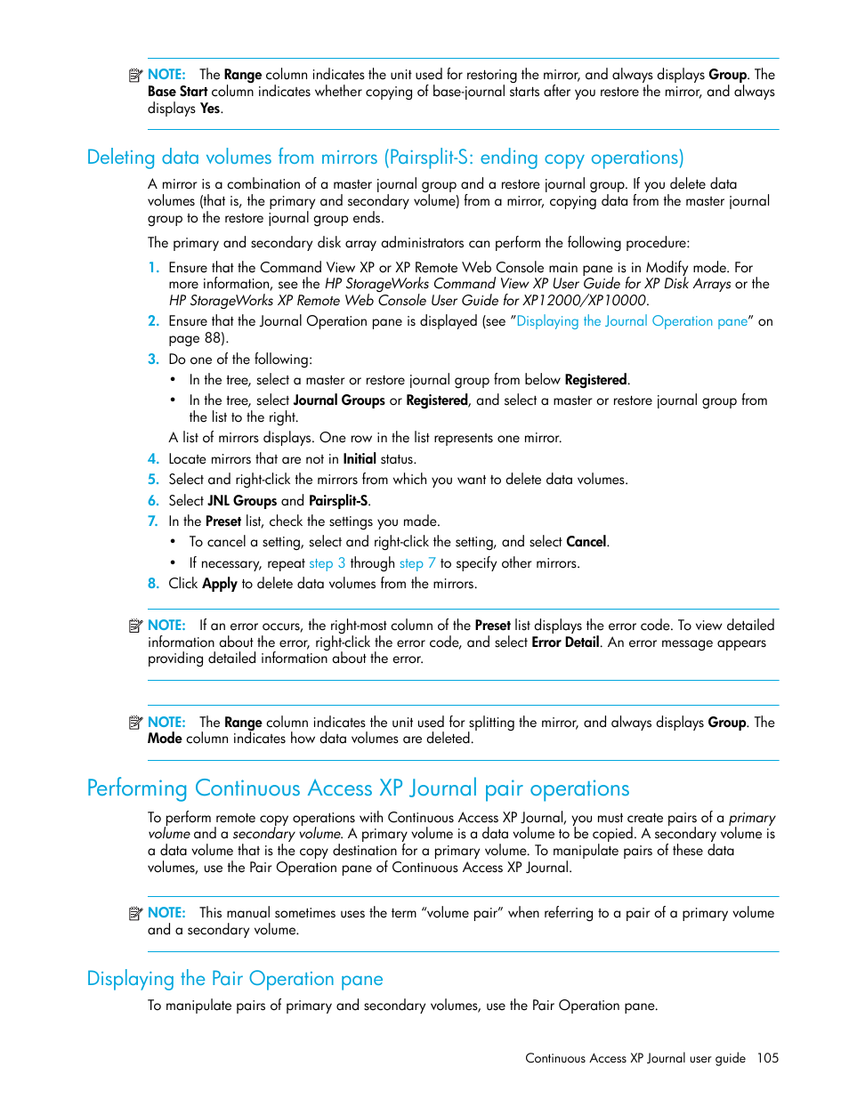 Displaying the pair operation pane, Copy operations), Deleting | HP StorageWorks XP Remote Web Console Software User Manual | Page 105 / 154