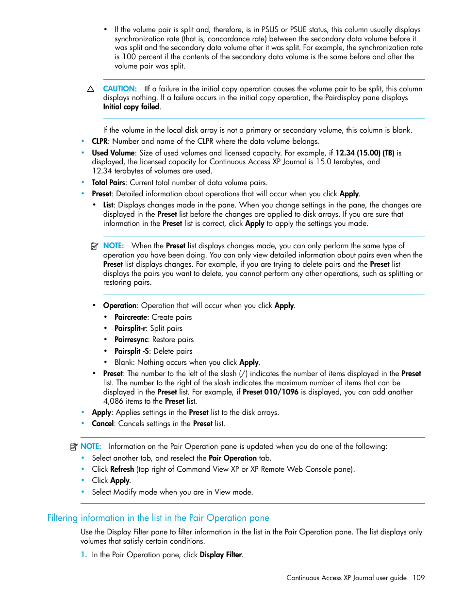 Filtering, Information in the list in the pair operation pane | HP StorageWorks XP Remote Web Console Software User Manual | Page 109 / 154