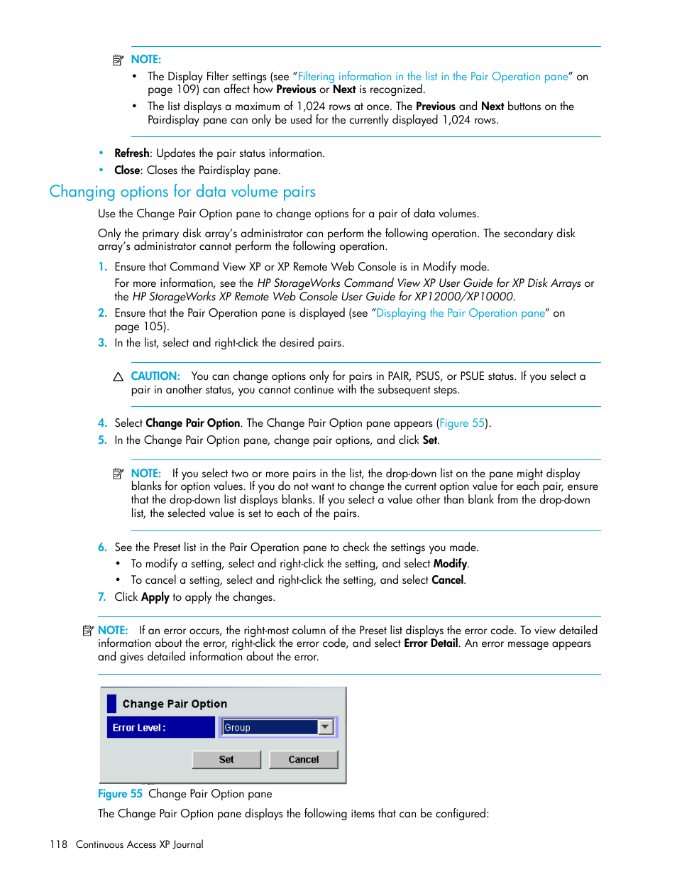 Changing options for data volume pairs, Figure 55 change pair option pane, 55 change pair option pane | HP StorageWorks XP Remote Web Console Software User Manual | Page 118 / 154