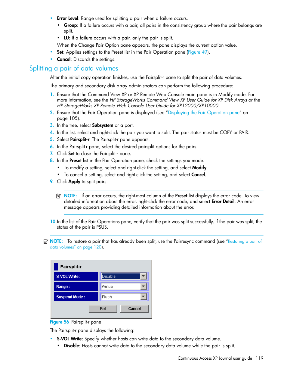 Splitting a pair of data volumes, Figure 56 pairsplit-r pane, 56 pairsplit-r pane | HP StorageWorks XP Remote Web Console Software User Manual | Page 119 / 154