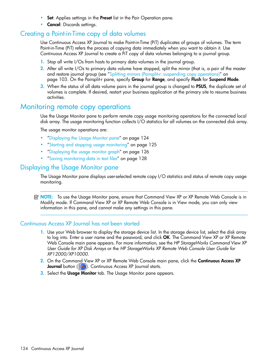 Creating a point-in-time copy of data volumes, Monitoring remote copy operations, Displaying the usage monitor pane | Continuous access xp journal has not been started, Monitoring remote copy, Operations | HP StorageWorks XP Remote Web Console Software User Manual | Page 124 / 154