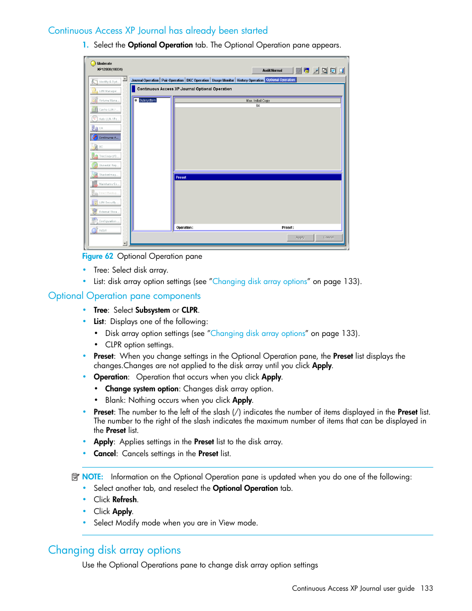 Figure 62 optional operation pane, Optional operation pane components, Changing disk array options | 62 optional operation pane | HP StorageWorks XP Remote Web Console Software User Manual | Page 133 / 154