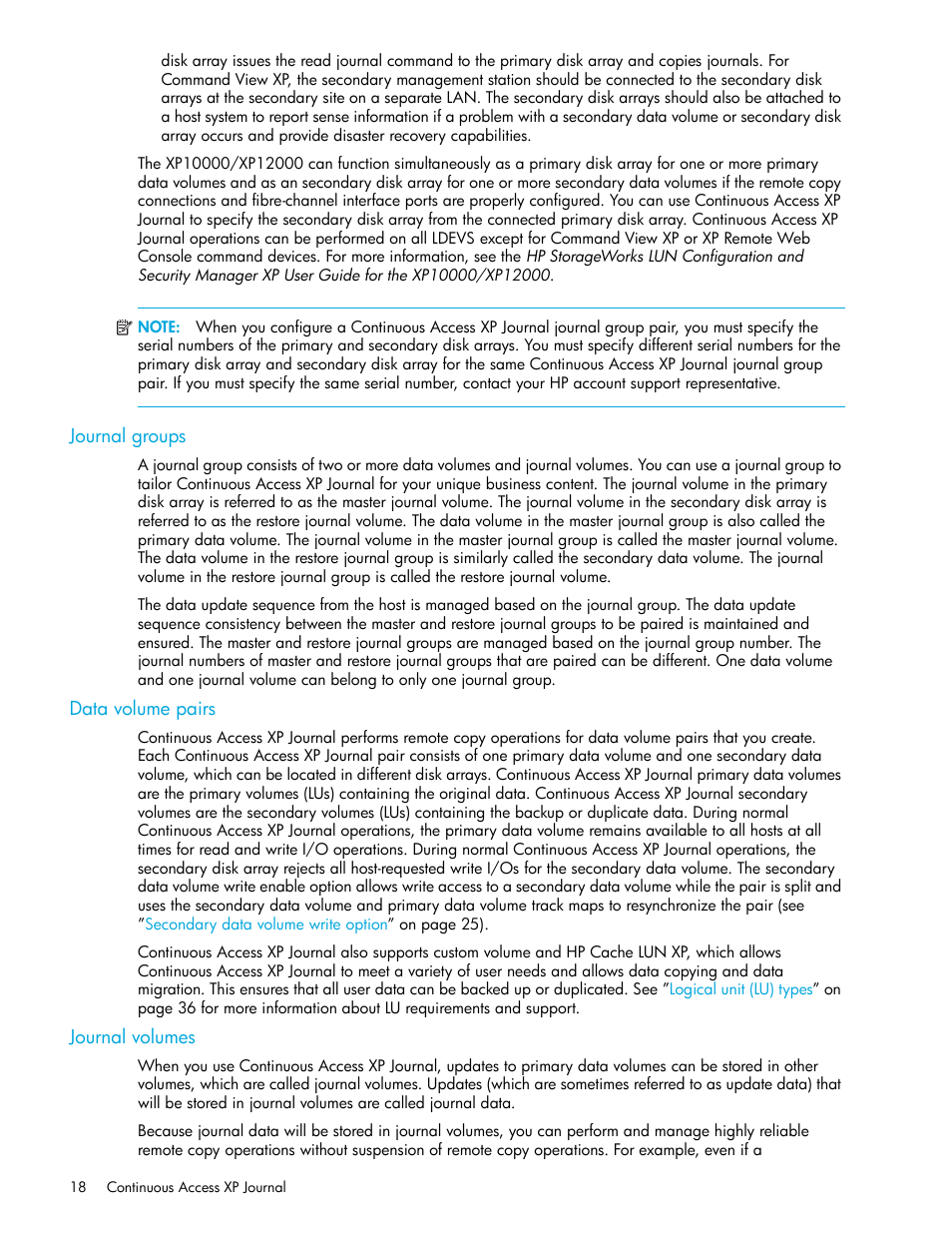 Journal groups, Data volume pairs, Journal volumes | HP StorageWorks XP Remote Web Console Software User Manual | Page 18 / 154