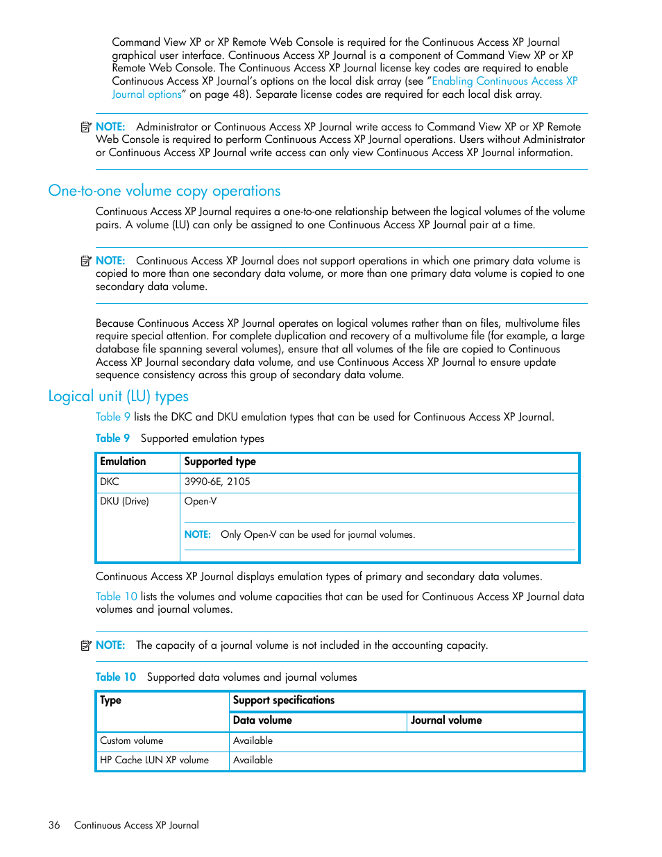 One-to-one volume copy operations, Logical unit (lu) types, Table 9 supported emulation types | 9 supported emulation types, 10 supported data volumes and journal volumes | HP StorageWorks XP Remote Web Console Software User Manual | Page 36 / 154