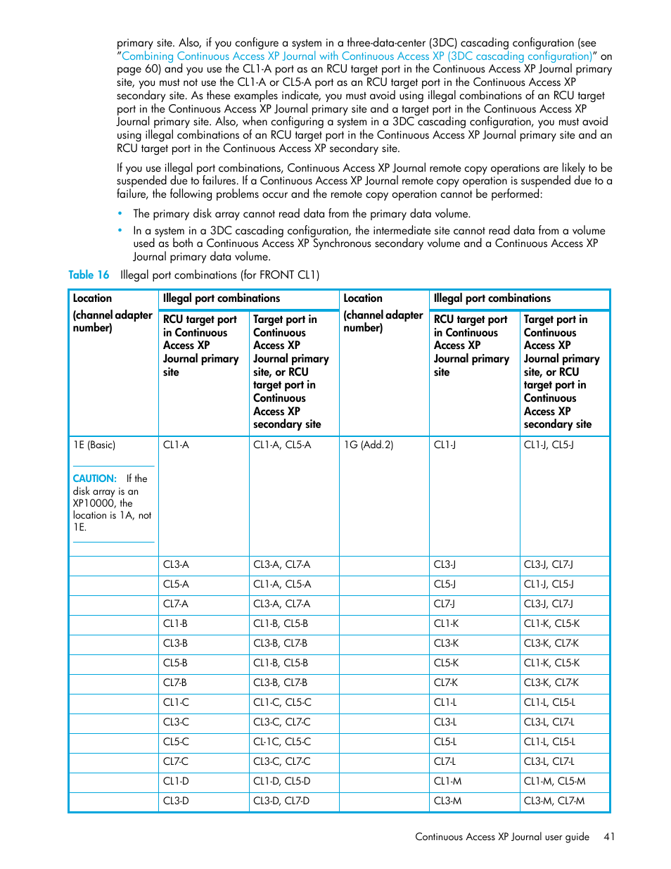 Table 16 illegal port combinations (for front cl1), 16 illegal port combinations (for front cl1), Table 16 | HP StorageWorks XP Remote Web Console Software User Manual | Page 41 / 154