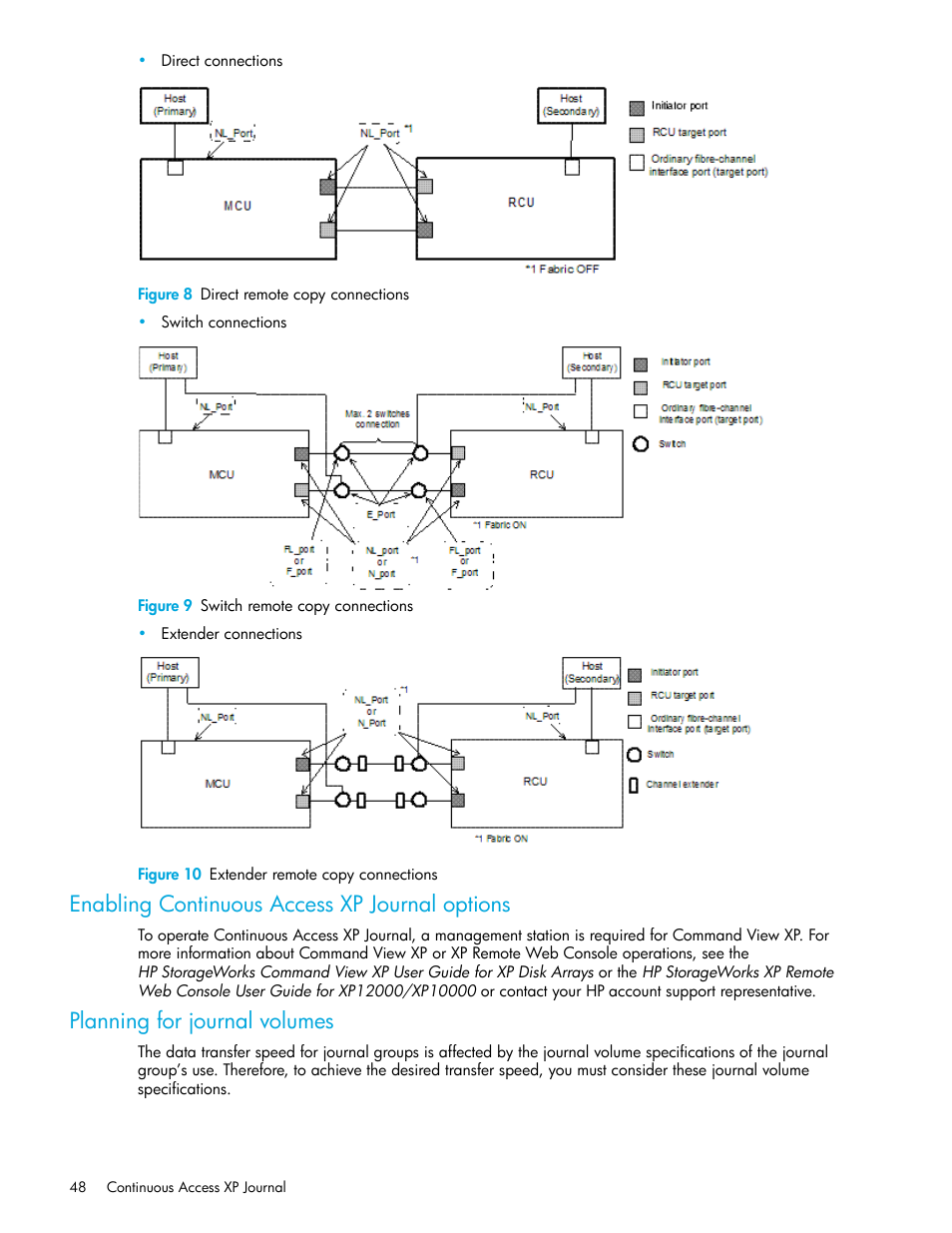 Figure 8 direct remote copy connections, Figure 9 switch remote copy connections, Figure 10 extender remote copy connections | Enabling continuous access xp journal options, Planning for journal volumes, 8 direct remote copy connections, 9 switch remote copy connections, 10 extender remote copy connections, Enabling continuous access xp, Journal options | HP StorageWorks XP Remote Web Console Software User Manual | Page 48 / 154