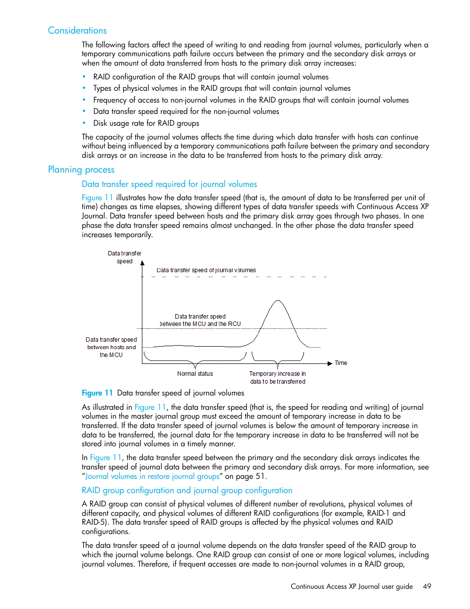 Considerations, Planning process, Data transfer speed required for journal volumes | Figure 11 data transfer speed of journal volumes, 11 data transfer speed of journal volumes | HP StorageWorks XP Remote Web Console Software User Manual | Page 49 / 154