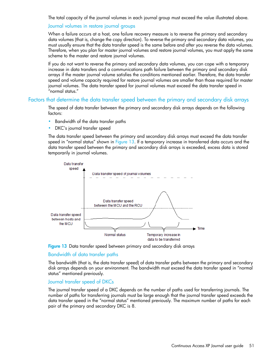 Journal volumes in restore journal groups, Bandwidth of data transfer paths, Journal transfer speed of dkcs | HP StorageWorks XP Remote Web Console Software User Manual | Page 51 / 154