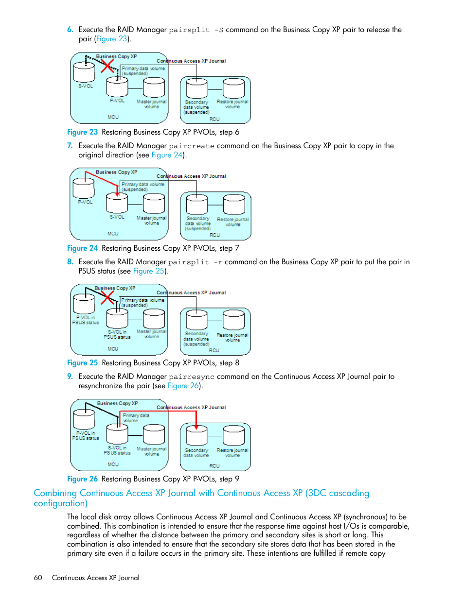 23 restoring business copy xp p-vols, step 6, 24 restoring business copy xp p-vols, step 7, 25 restoring business copy xp p-vols, step 8 | 26 restoring business copy xp p-vols, step 9, Combining continuous access xp | HP StorageWorks XP Remote Web Console Software User Manual | Page 60 / 154