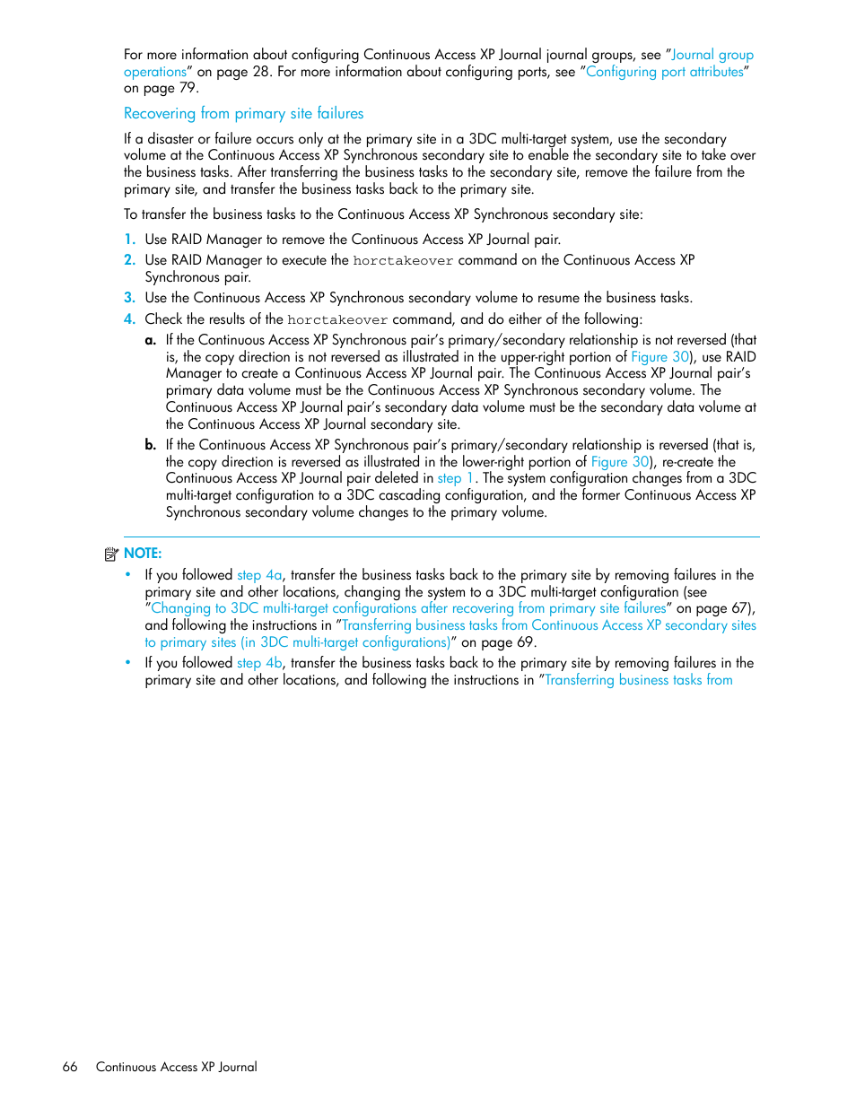 Recovering from primary site failures, Recovering from, Primary site failures | Recovering from primary site, Failures | HP StorageWorks XP Remote Web Console Software User Manual | Page 66 / 154