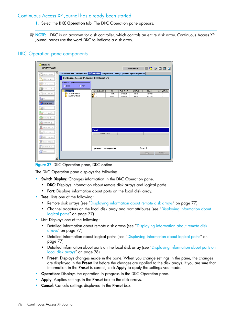 Dkc operation pane components, Figure 37 dkc operation pane, dkc option, 37 dkc operation pane, dkc option | HP StorageWorks XP Remote Web Console Software User Manual | Page 76 / 154