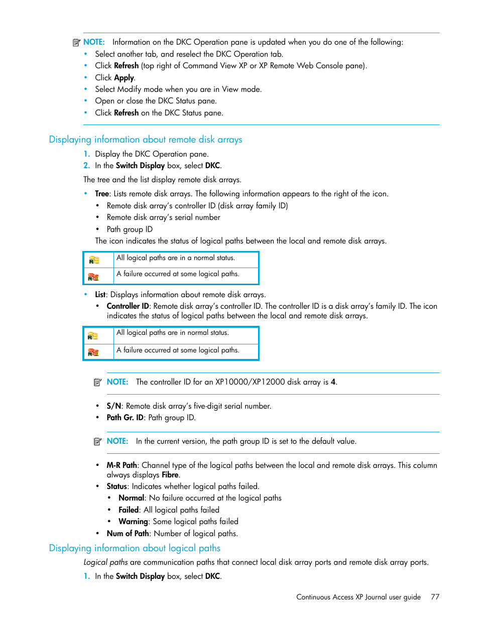 Displaying information about remote disk arrays, Displaying information about logical paths, Displaying information about | Logical paths, Displaying information about remote disk, Arrays | HP StorageWorks XP Remote Web Console Software User Manual | Page 77 / 154