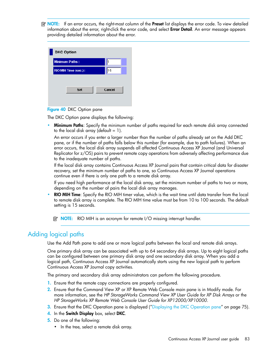 Figure 40 dkc option pane, Adding logical paths, 40 dkc option pane | HP StorageWorks XP Remote Web Console Software User Manual | Page 83 / 154