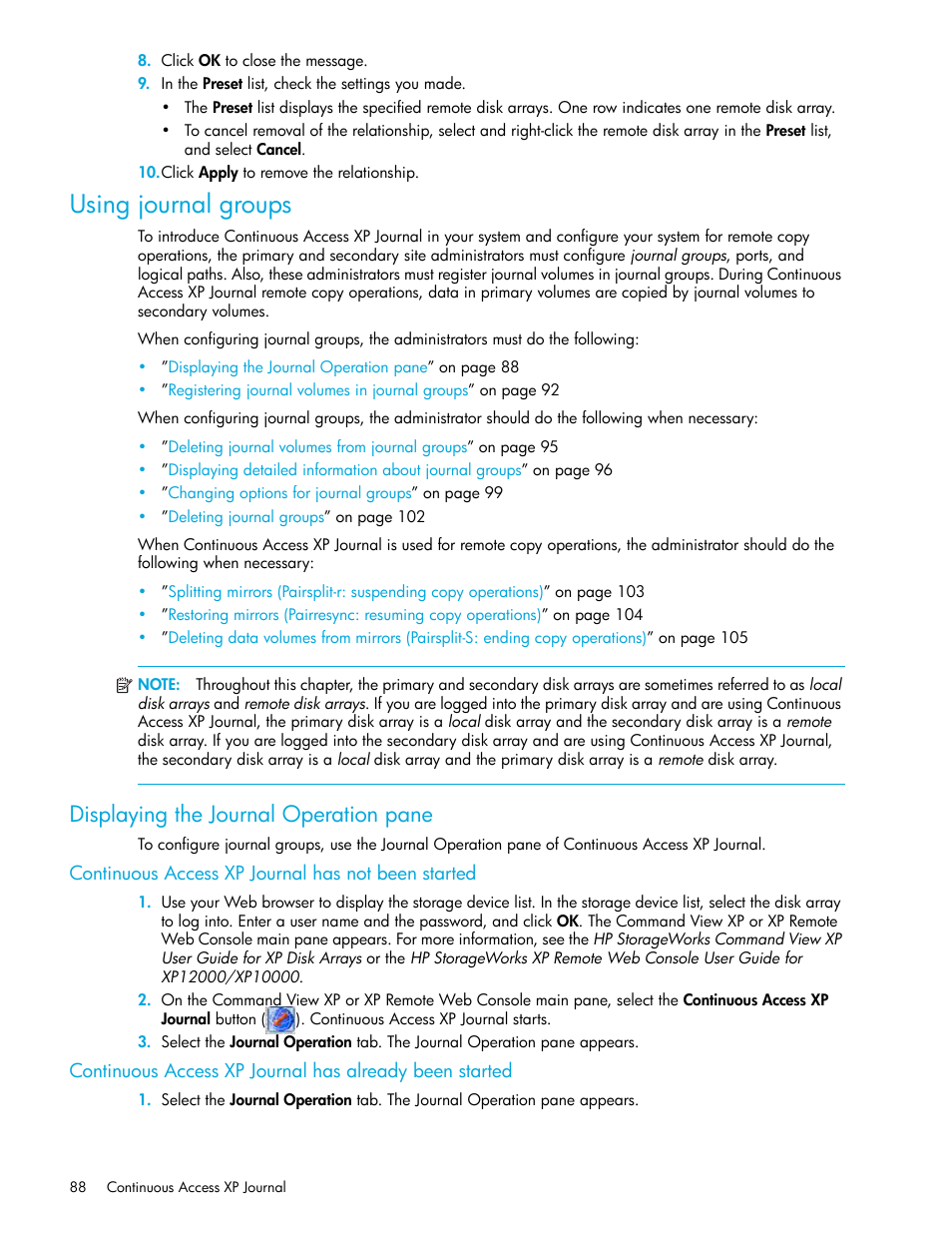 Using journal groups, Displaying the journal operation pane, Continuous access xp journal has not been started | HP StorageWorks XP Remote Web Console Software User Manual | Page 88 / 154