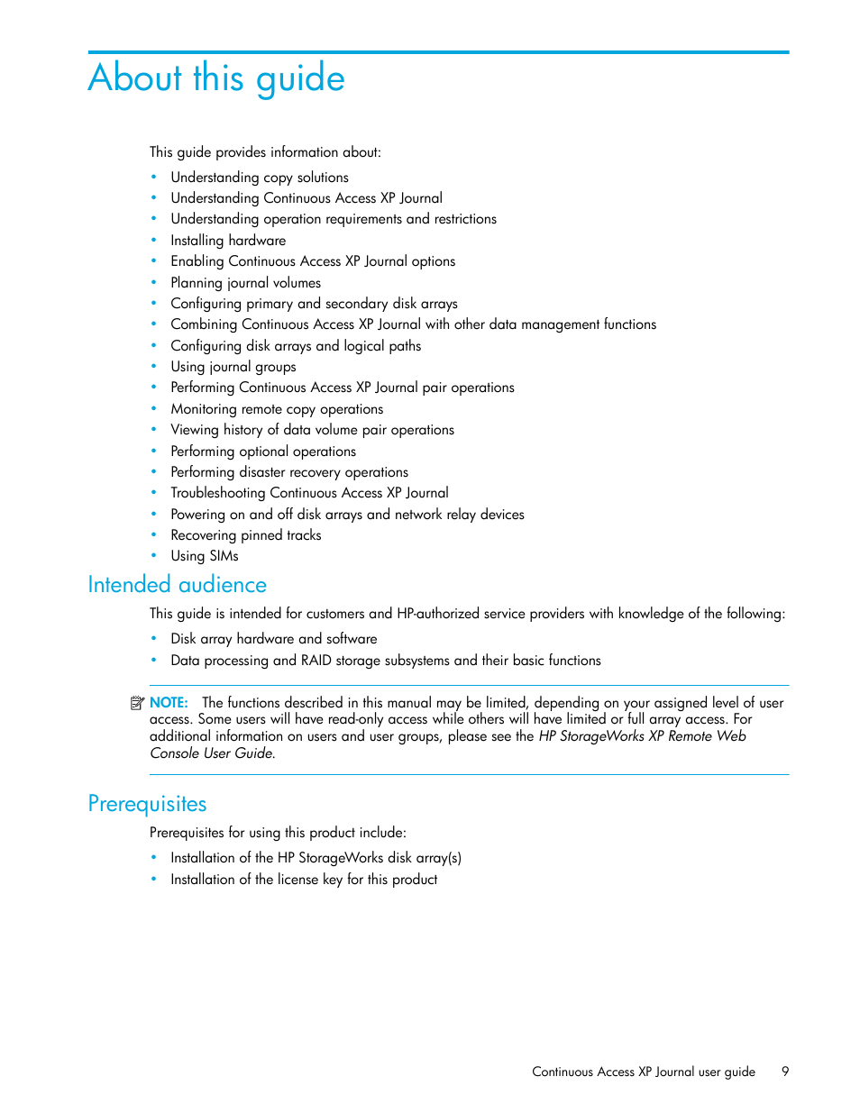 About this guide, Intended audience, Prerequisites | HP StorageWorks XP Remote Web Console Software User Manual | Page 9 / 154