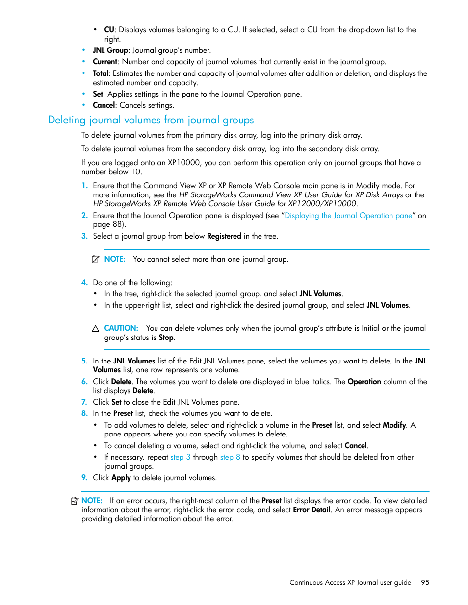 Deleting journal volumes from journal groups, Deleting journal volumes from journal, Groups | HP StorageWorks XP Remote Web Console Software User Manual | Page 95 / 154