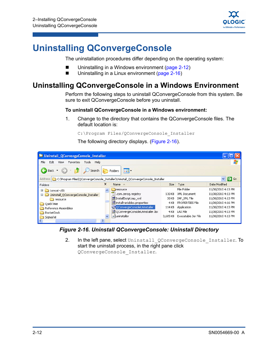 Uninstalling qconvergeconsole, Uninstall qconvergeconsole: uninstall directory | HP 4Gb PCIe Host Bus Adapter User Manual | Page 26 / 44