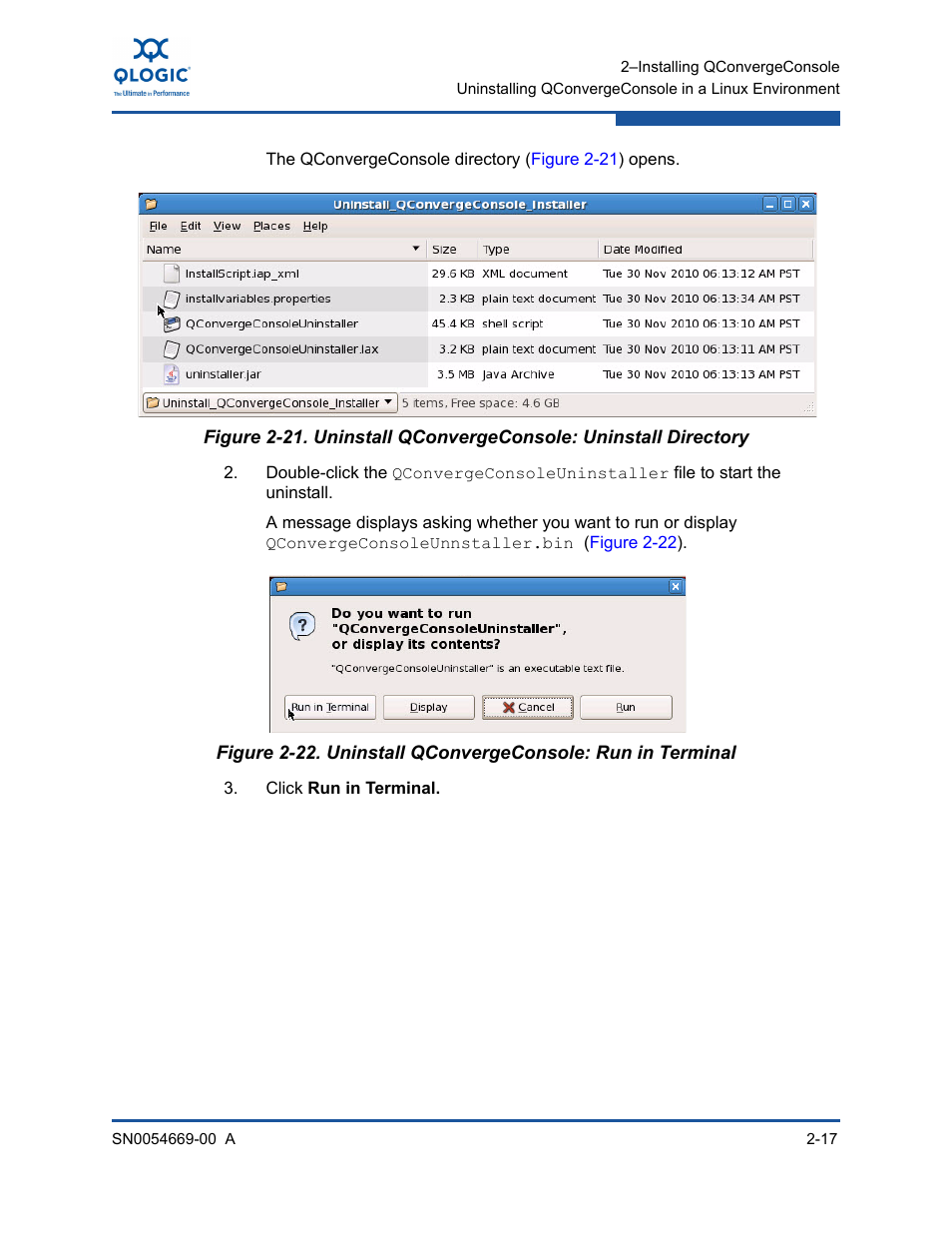 Uninstall qconvergeconsole: uninstall directory, Uninstall qconvergeconsole: run in terminal | HP 4Gb PCIe Host Bus Adapter User Manual | Page 31 / 44