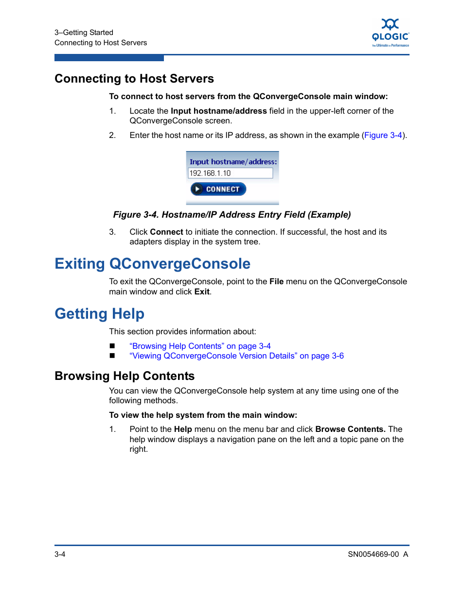 Connecting to host servers, Exiting qconvergeconsole, Getting help | Browsing help contents, Hostname/ip address entry field (example) | HP 4Gb PCIe Host Bus Adapter User Manual | Page 40 / 44