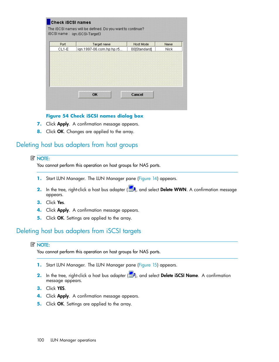 Deleting host bus adapters from host groups, Deleting host bus adapters from iscsi targets, Check iscsi names dialog box | HP StorageWorks XP10000 Disk Array User Manual | Page 100 / 220