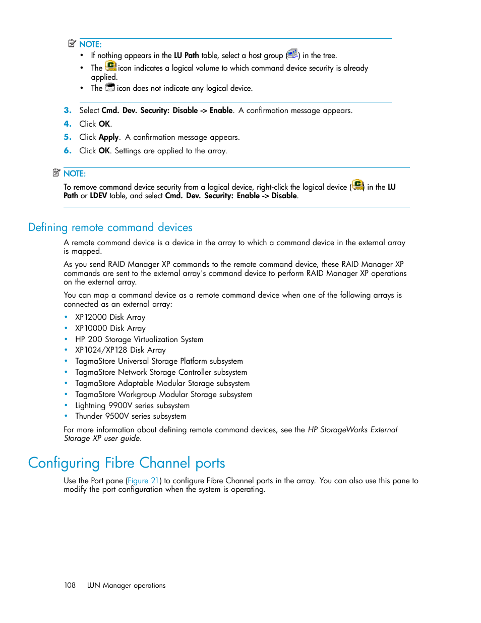 Defining remote command devices, Configuring fibre channel ports | HP StorageWorks XP10000 Disk Array User Manual | Page 108 / 220