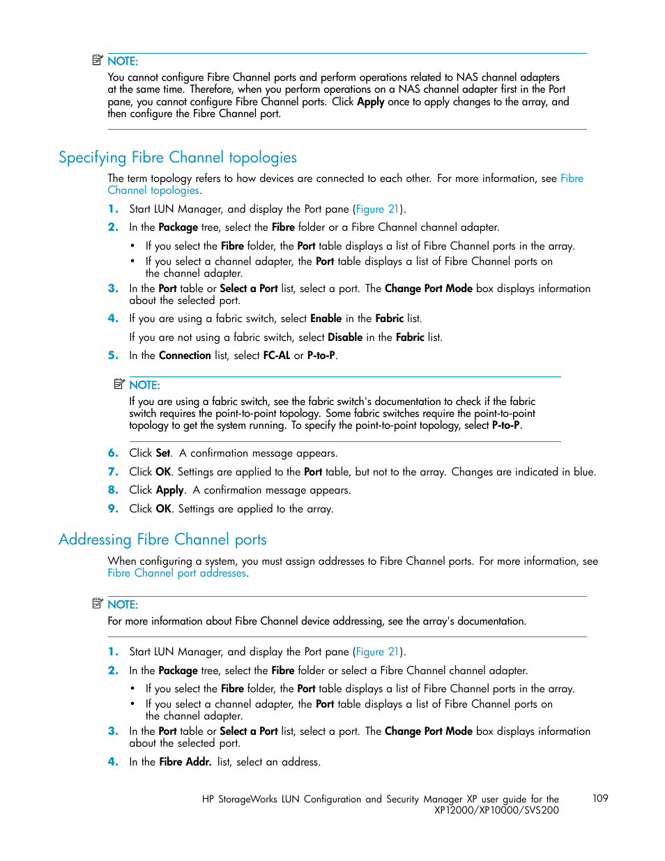 Specifying fibre channel topologies, Addressing fibre channel ports, Specifying fibre | Channel topologies | HP StorageWorks XP10000 Disk Array User Manual | Page 109 / 220