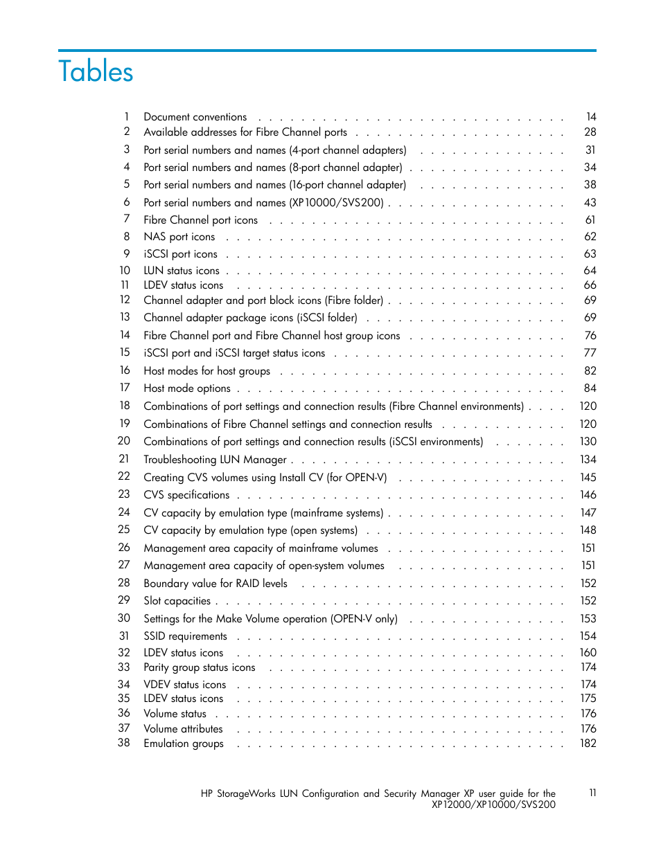 Tables | HP StorageWorks XP10000 Disk Array User Manual | Page 11 / 220