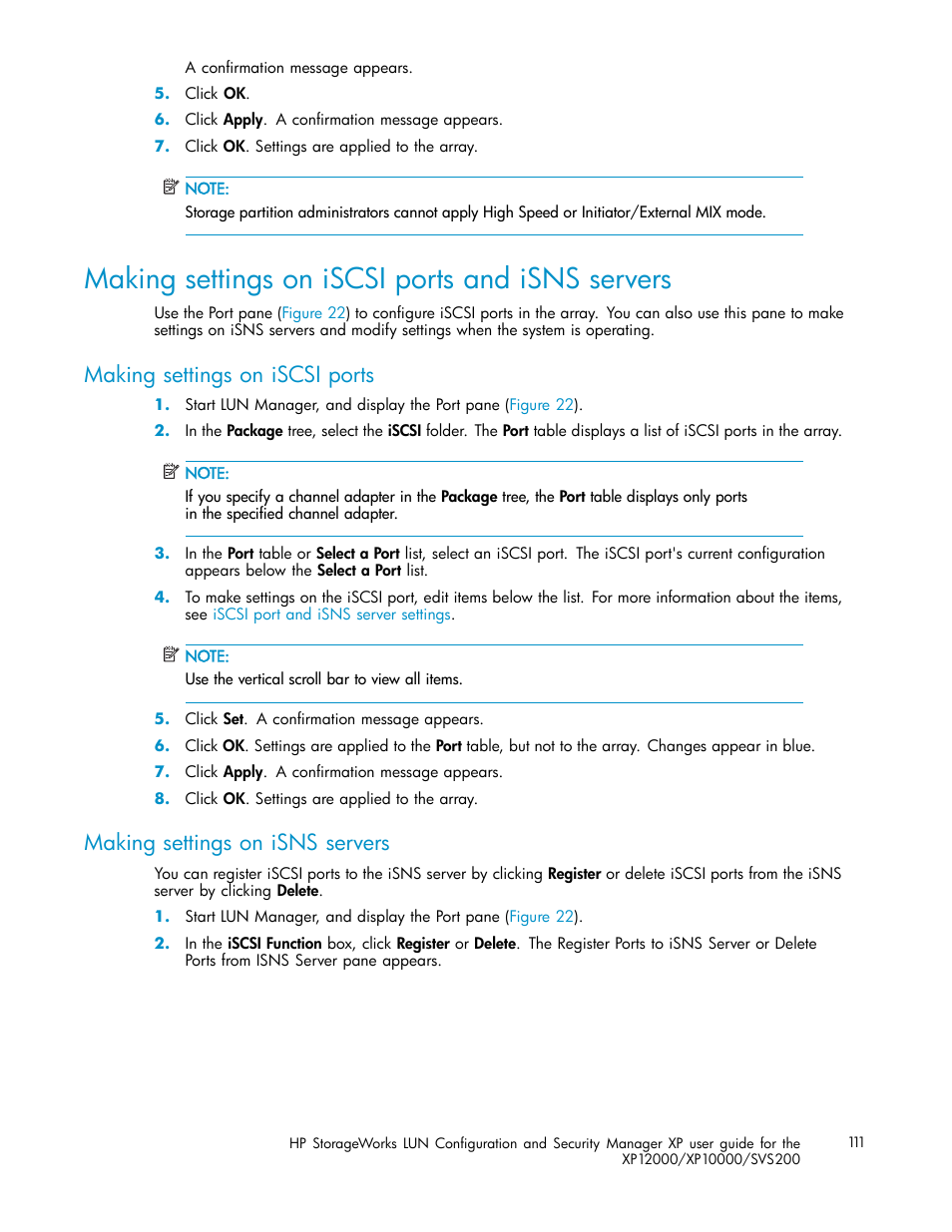 Making settings on iscsi ports and isns servers, Making settings on iscsi ports, Making settings on isns servers | HP StorageWorks XP10000 Disk Array User Manual | Page 111 / 220