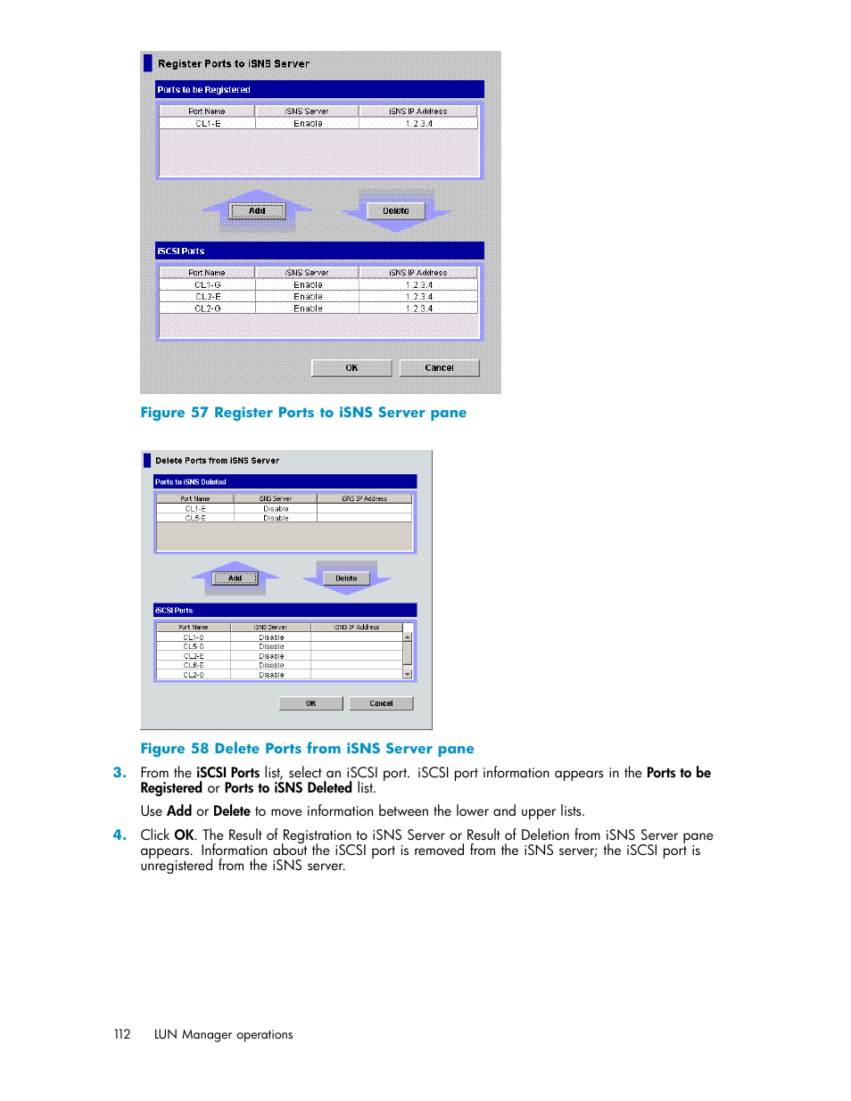 Register ports to isns server pane, Delete ports from isns server pane | HP StorageWorks XP10000 Disk Array User Manual | Page 112 / 220