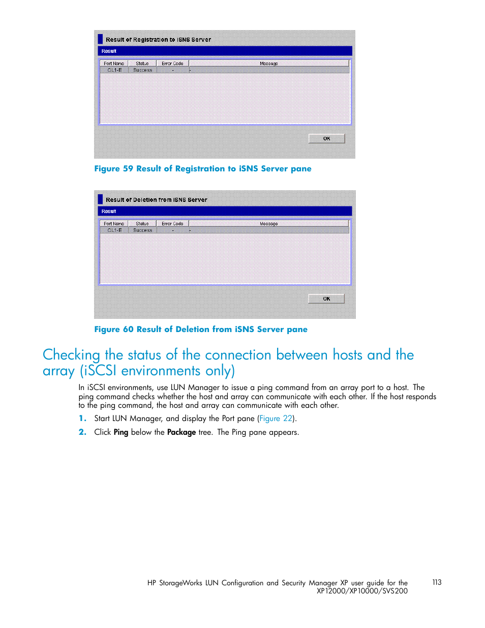 Result of registration to isns server pane, Result of deletion from isns server pane | HP StorageWorks XP10000 Disk Array User Manual | Page 113 / 220