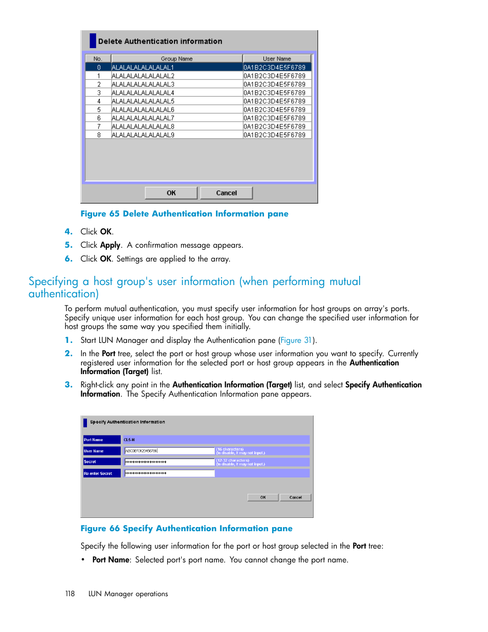 Delete authentication information pane, Specify authentication information pane, Authentication) | HP StorageWorks XP10000 Disk Array User Manual | Page 118 / 220