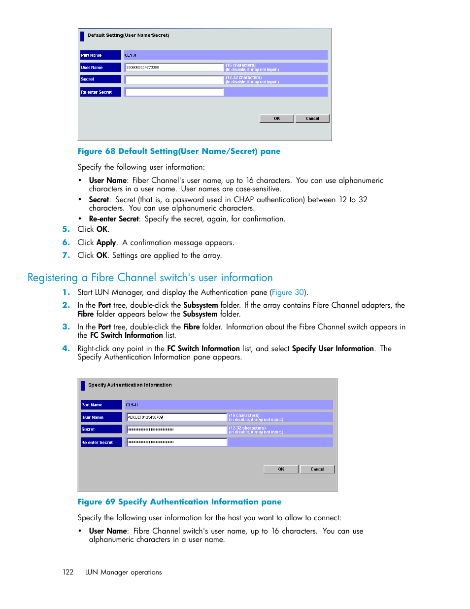 Default setting(user name/secret) pane, Specify authentication information pane | HP StorageWorks XP10000 Disk Array User Manual | Page 122 / 220
