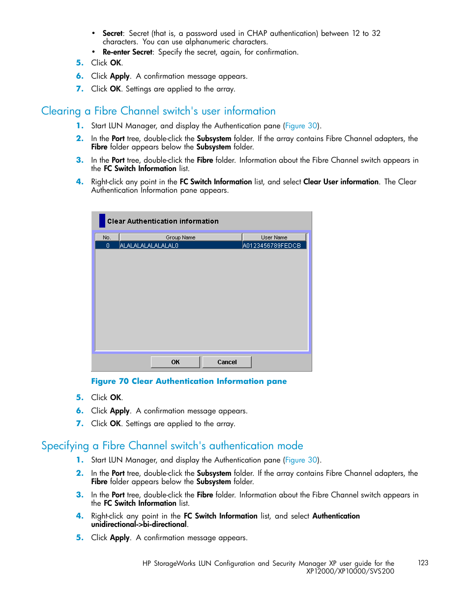 Clearing a fibre channel switch's user information, Clear authentication information pane | HP StorageWorks XP10000 Disk Array User Manual | Page 123 / 220