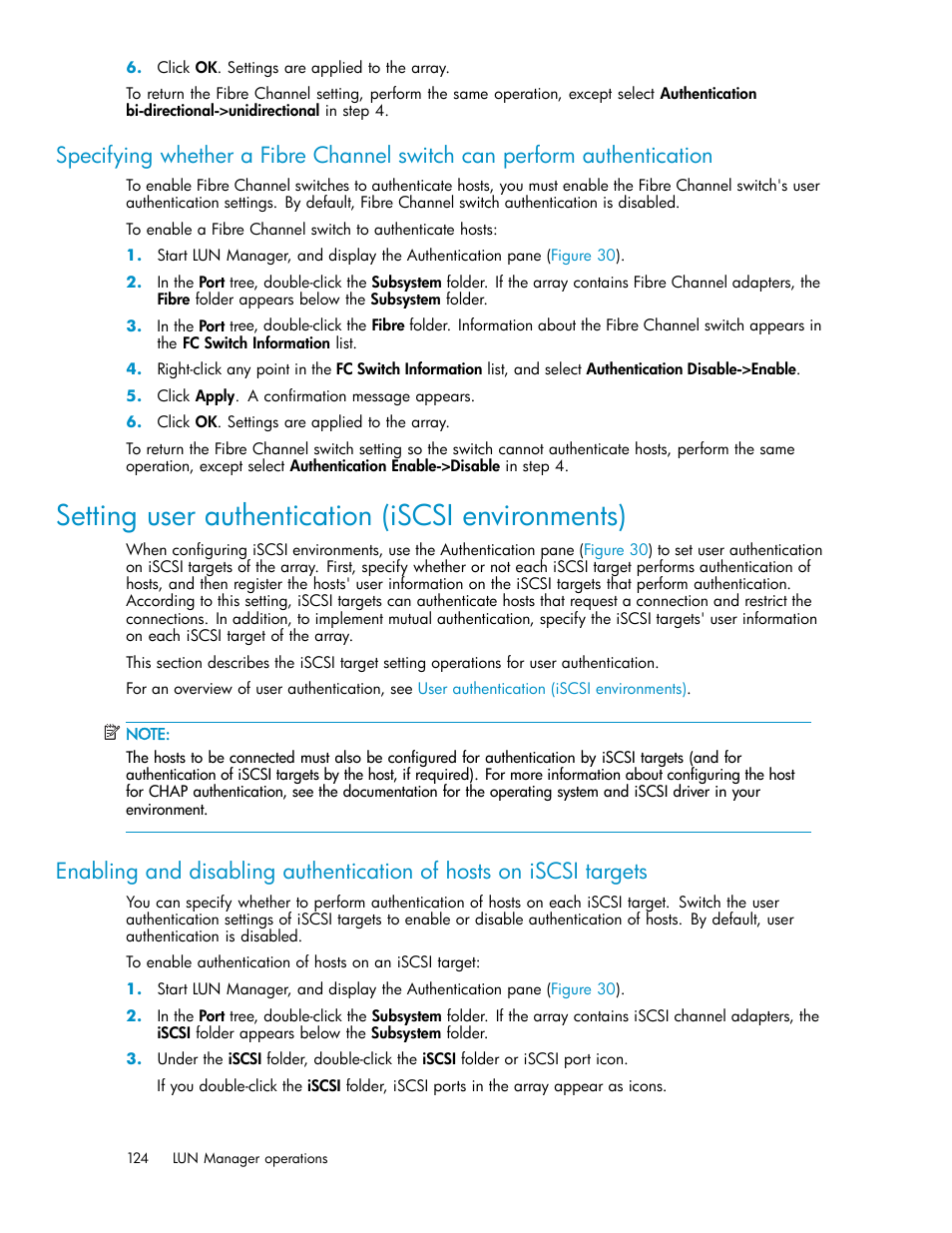 Setting user authentication (iscsi environments), Enabling and disabling authentication, Of hosts on iscsi targets | HP StorageWorks XP10000 Disk Array User Manual | Page 124 / 220