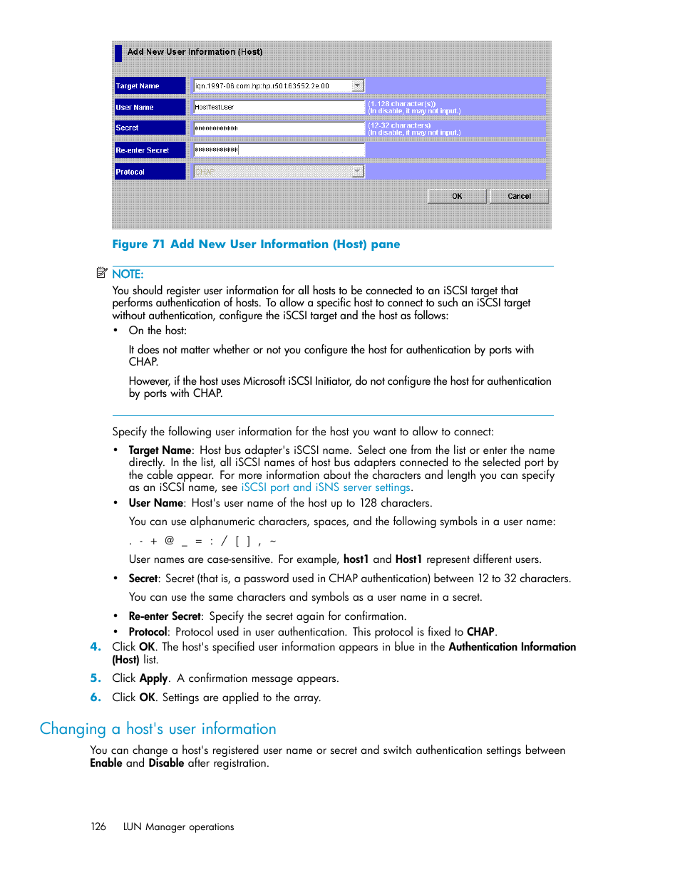 Changing a host's user information, Add new user information (host) pane | HP StorageWorks XP10000 Disk Array User Manual | Page 126 / 220