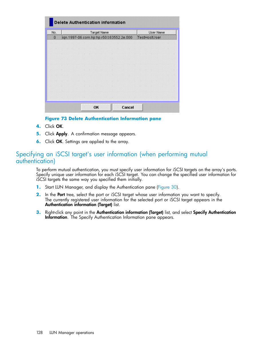 Delete authentication information pane, Performing mutual authentication), Specifying | HP StorageWorks XP10000 Disk Array User Manual | Page 128 / 220