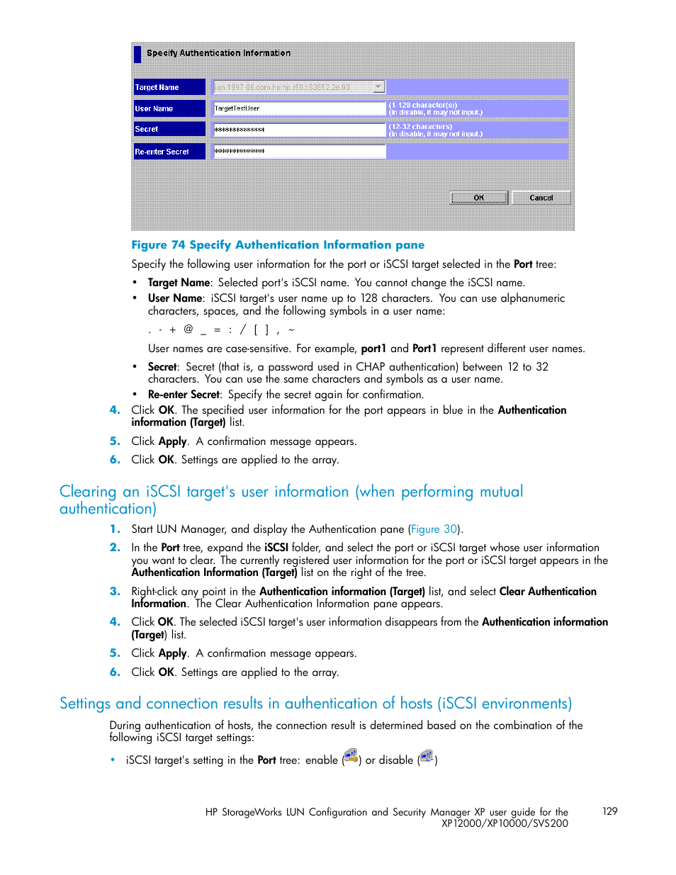 Specify authentication information pane | HP StorageWorks XP10000 Disk Array User Manual | Page 129 / 220