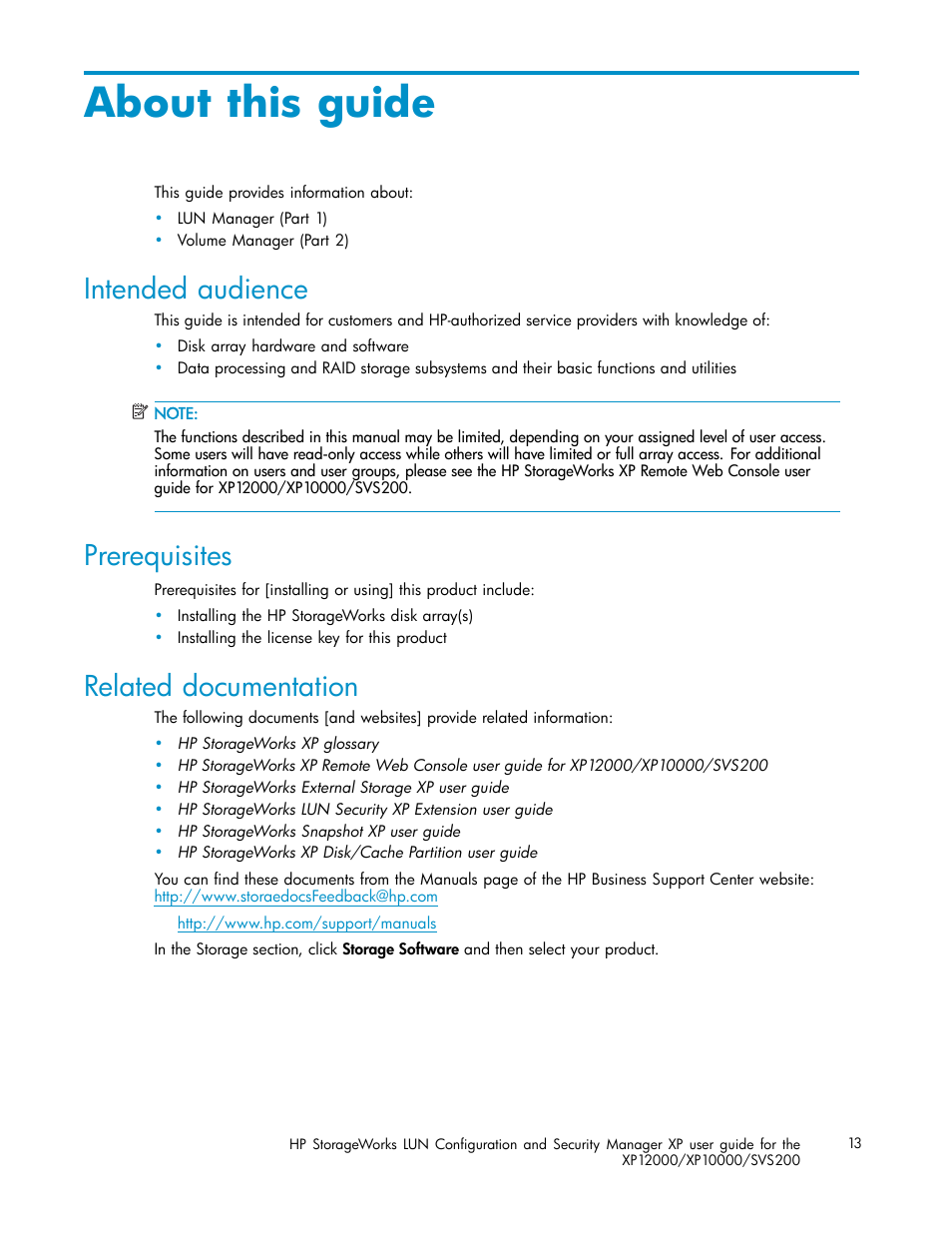 About this guide, Intended audience, Prerequisites | Related documentation | HP StorageWorks XP10000 Disk Array User Manual | Page 13 / 220