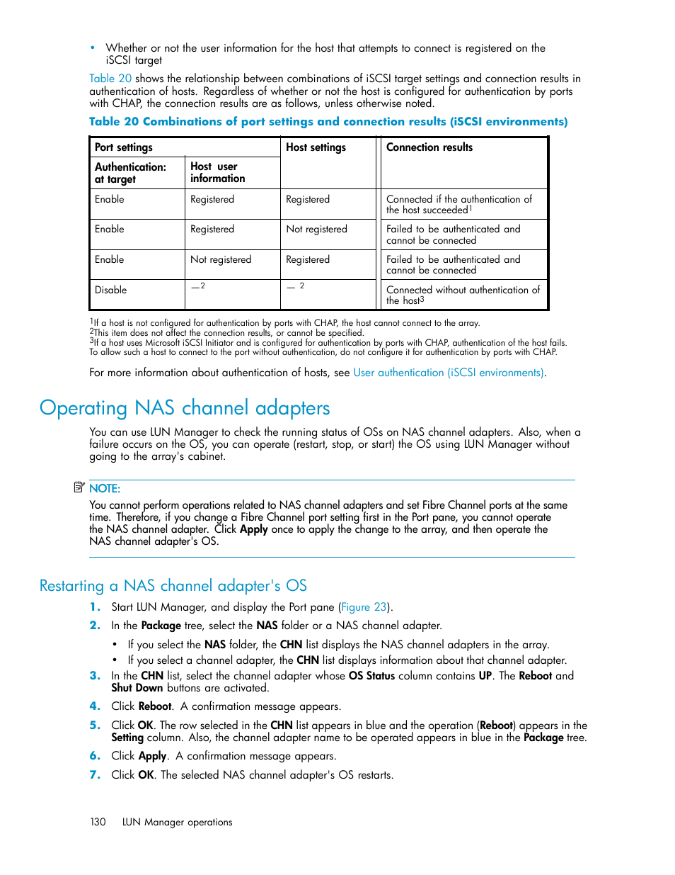 Operating nas channel adapters, Restarting a nas channel adapter's os | HP StorageWorks XP10000 Disk Array User Manual | Page 130 / 220