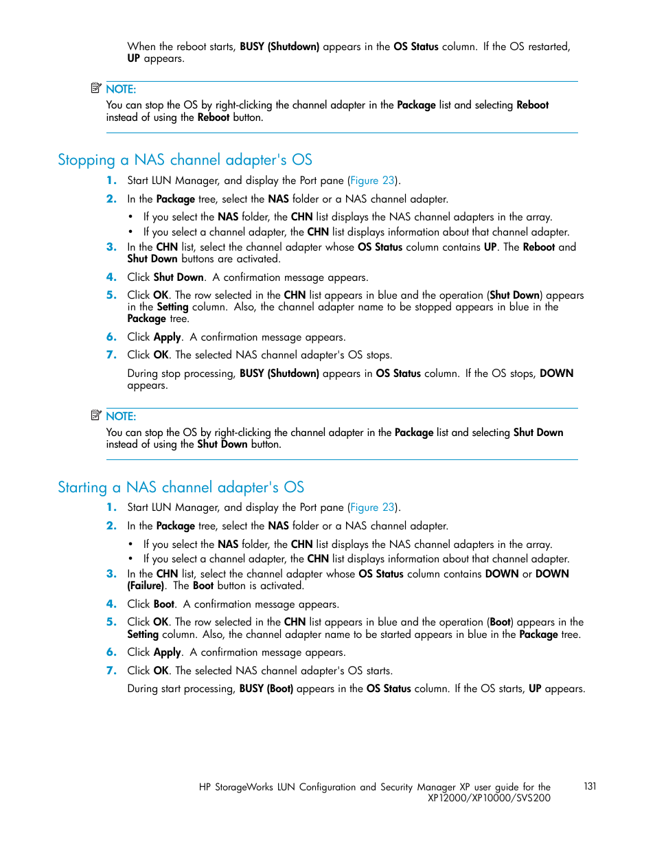 Stopping a nas channel adapter's os, Starting a nas channel adapter's os | HP StorageWorks XP10000 Disk Array User Manual | Page 131 / 220