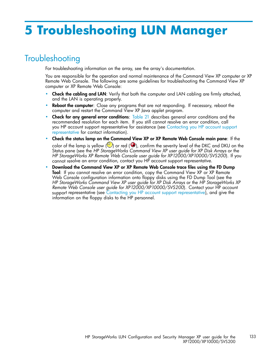 5 troubleshooting lun manager, Troubleshooting | HP StorageWorks XP10000 Disk Array User Manual | Page 133 / 220