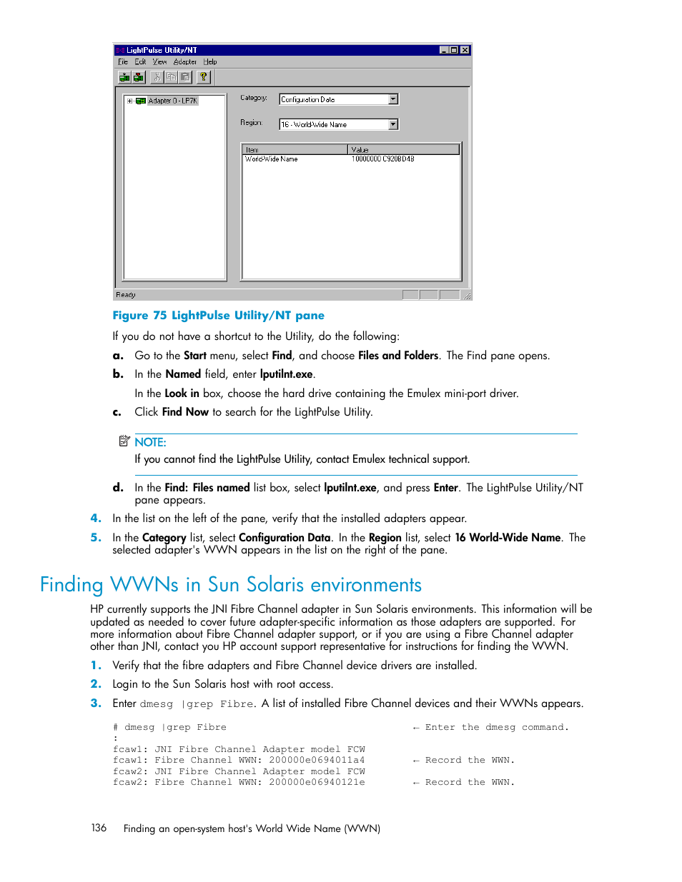 Finding wwns in sun solaris environments, Lightpulse utility/nt pane | HP StorageWorks XP10000 Disk Array User Manual | Page 136 / 220