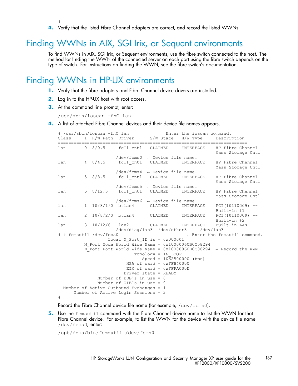 Finding wwns in hp-ux environments | HP StorageWorks XP10000 Disk Array User Manual | Page 137 / 220