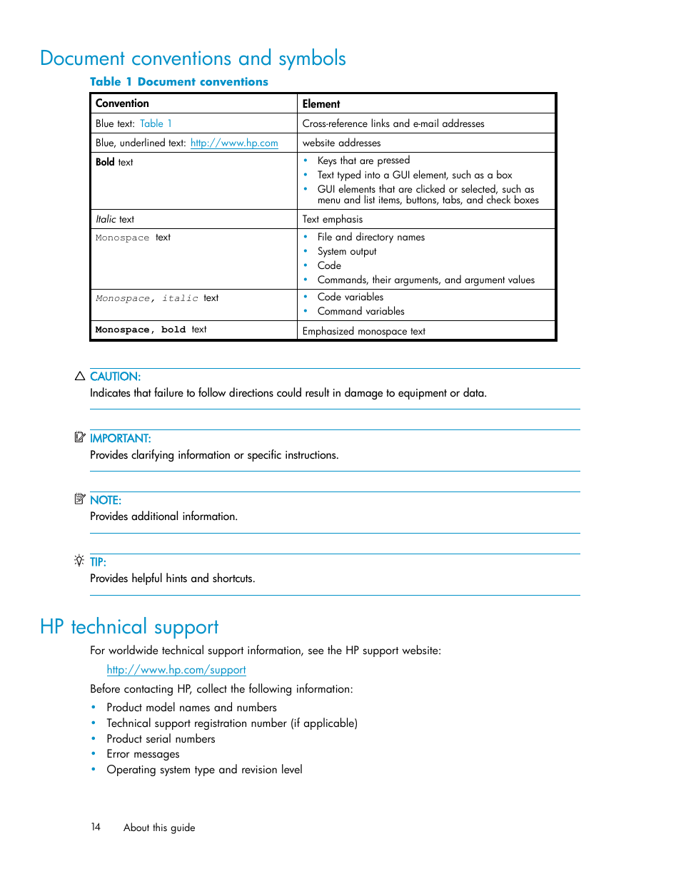 Document conventions and symbols, Hp technical support, Document conventions | HP StorageWorks XP10000 Disk Array User Manual | Page 14 / 220