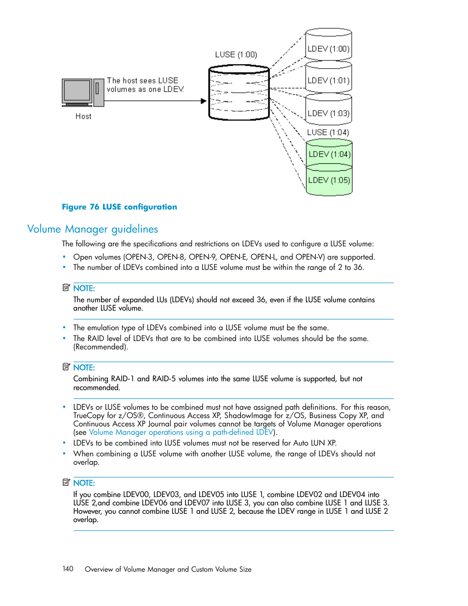 Volume manager guidelines, Luse configuration, Figure 76 | Volume manager, Guidelines | HP StorageWorks XP10000 Disk Array User Manual | Page 140 / 220