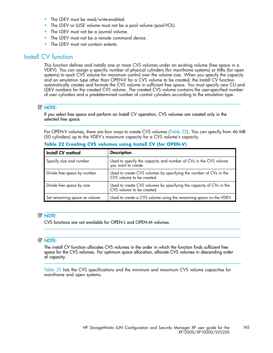 Install cv function, Creating cvs volumes using install cv (for open-v) | HP StorageWorks XP10000 Disk Array User Manual | Page 145 / 220