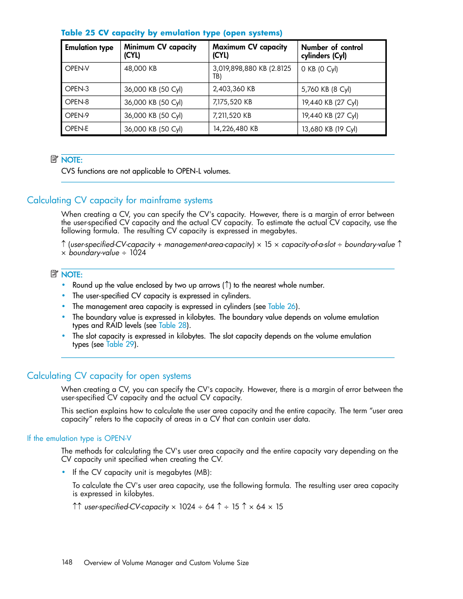 Calculating cv capacity for mainframe systems, Calculating cv capacity for open systems, Cv capacity by emulation type (open systems) | HP StorageWorks XP10000 Disk Array User Manual | Page 148 / 220