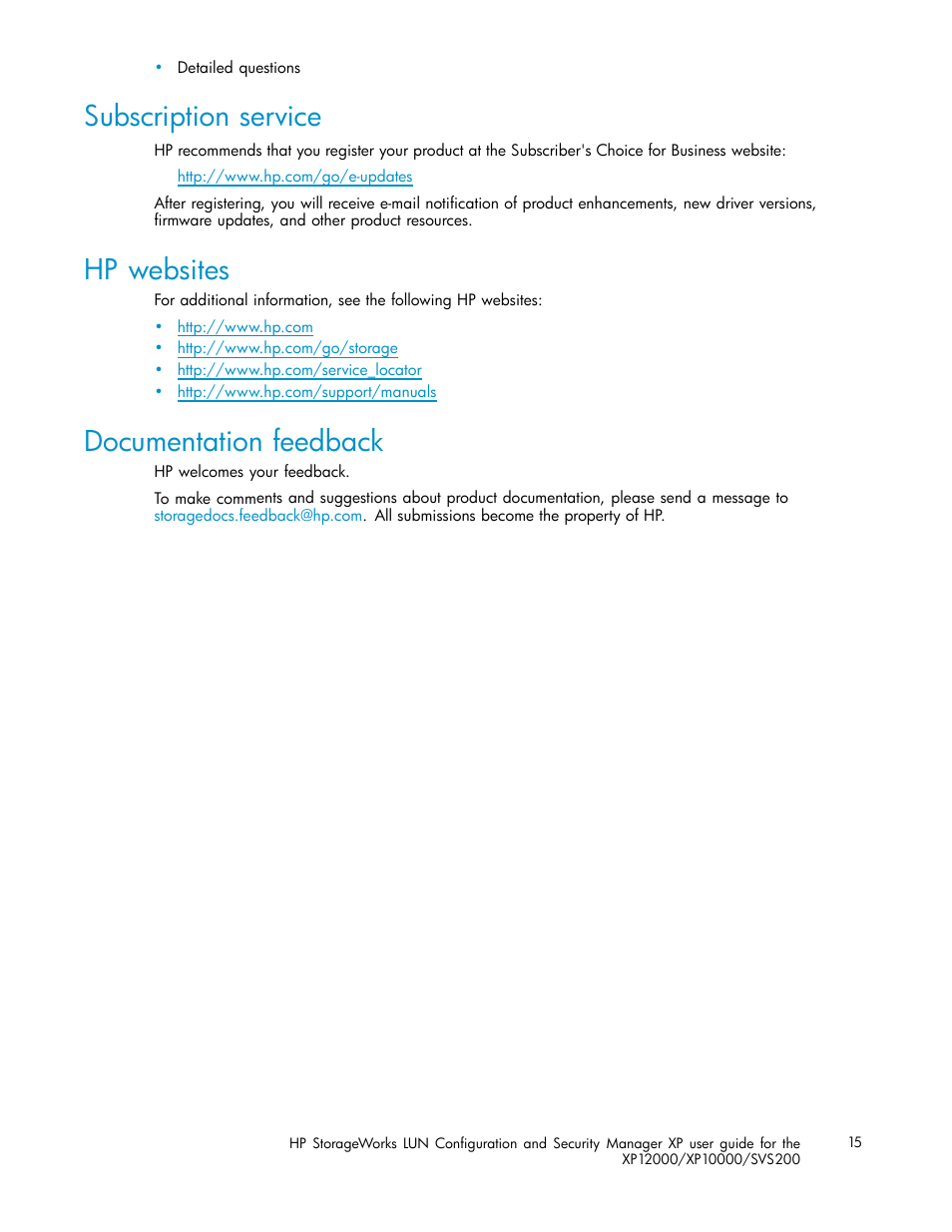 Subscription service, Hp websites, Documentation feedback | HP StorageWorks XP10000 Disk Array User Manual | Page 15 / 220